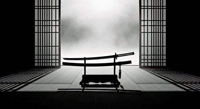 Zen Harmony: A stark, evocative composition showcasing two samurai swords, resting gracefully on a stand within a traditional Japanese room, evoking a sense of peace, discipline.
