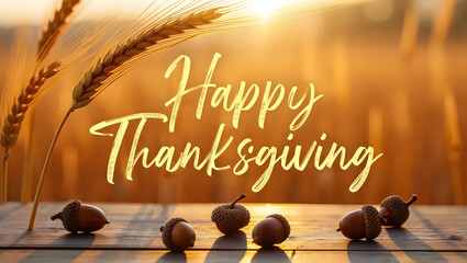 Thanksgiving Wreath with Wheat Stalks, Acorns, and Golden Greeting