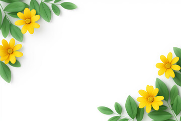 White background with yellow flowers and green leaves, concept of spring, freshness, and natural design.