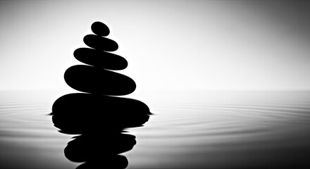 Obraz premium Zen Balance: A serene tower of smooth, dark stones is artfully balanced atop calm water. Its reflection mirrors the tower, creating a perfect symphony of natural harmony and peace. 