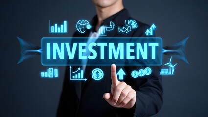 Strategic Investment in the Digital Age: An individual, dressed in professional attire, interacts with an illuminated investment interface.