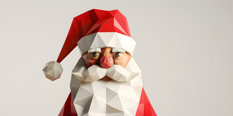 Festive low-poly illustration of a figure wearing a red hat and a white beard against a light gray background; a digital rendering presents a joyful, whimsical character for the winter season.