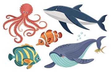 Fototapeta premium Cute Marine Animals Vector Collection 
