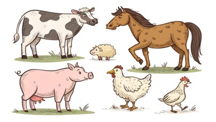 Fototapeta premium Farm animals collection. Hand drawn big farm animals set vector