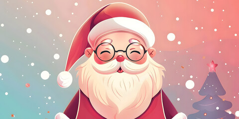 Festive illustration depicts a jolly, smiling character with a long white beard, wearing a red hat and coat, round glasses, against a colorful, blurred background.