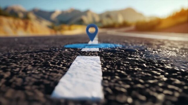 A blue puddle on the asphalt with a floating location marker, rain or flood Suitable for articles on climate change, urban flooding, mapping services, illustrations on environmental issues.
