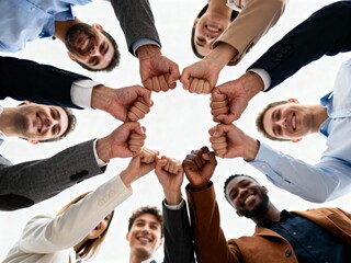 Diverse and multicultural business team forming a unity circle with fist bumps from a low angle view.