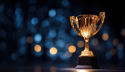 Elegant gold trophy cup on dark with bokeh lights, symbolizing victory