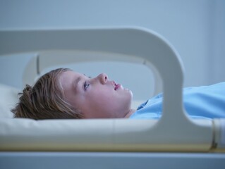 Scared child about to undergo MRI scan in hospital bed.