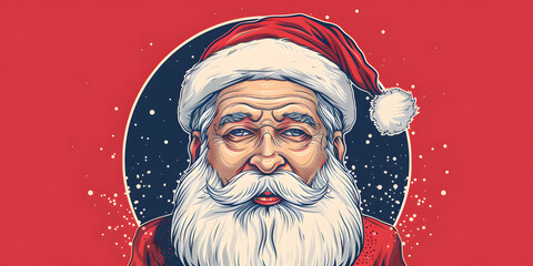 A detailed illustration depicts a senior man with a long white beard, wearing a red and white hat, and a red suit, positioned within a dark blue circle against a red background, emphasizing a...