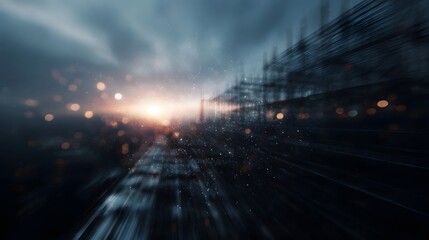 Abstract motion blur of a futuristic cityscape at sunset with glowing lights and particles
