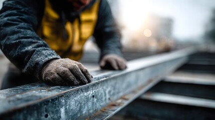 Construction worker s gloved hands touching a weathered steel beam at an outdoor industrial site during daylight
