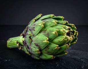 Obraz premium Fresh Artichoke with Green Leaves Isolated on Dark Background for Exotic Vegetable Object and Organic Nutrition Concept