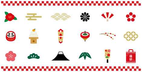 お正月年賀状のアイテムのアイコンセット　イラスト　年賀　素材　飾り　装飾　シンプル　新年　新春　松竹梅