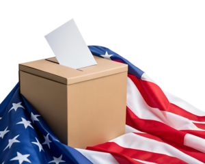 3d icon of ballot box with a vote being cast on an american flag isolated on transparent background