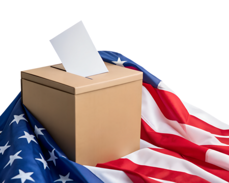3d icon of ballot box with a vote being cast on an american flag isolated on transparent background