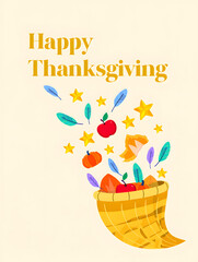 Thanksgiving Cornucopia with Pumpkins, Leaves, and Golden Greeting