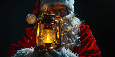 Bearded man in a red coat and white hat holds a glowing lantern, the light illuminating his face against a dark background. Festive atmosphere is created by the lights. The  captures the details.