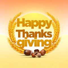 Thanksgiving Wreath with Wheat Stalks, Acorns, and Golden Greeting