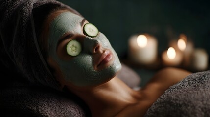 Woman with facial mask and cucumber slices on eyes relaxing in a spa with candlelight