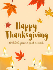 Thanksgiving Greeting with Autumn Leaves, Candles, and Inspirational Quote
