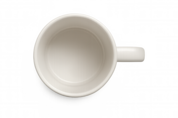 Empty white ceramic coffee mug or tea cup with handle, clean plain tableware on transparent background