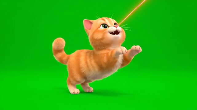 Cartoon Cat Chasing Laser Pointer on Green Screen - A cute cartoon ginger cat with stripes is intently focused on a red laser pointer beam.