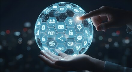 Global Technology Ecosystem: Hands Holding a Glowing Digital Globe with Integrated Social and Business Service Icons