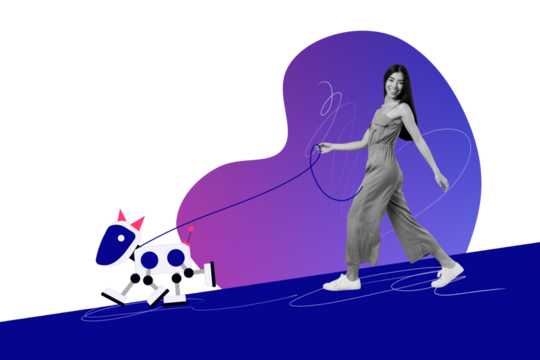 Composite photo collage of happy girl walk domestic robot dog pet ai technology modern friend gpt innovation isolated on painted background