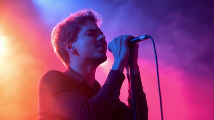 Male singer performing on stage holding microphone under colorful pink and blue lights creating emotional concert atmosphere and live energy - Powered by Adobe