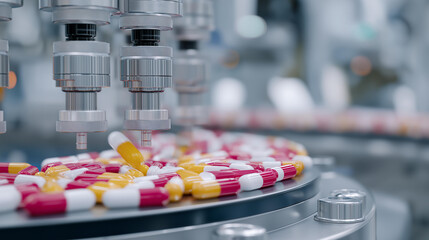 Advanced pharmaceutical lab with robots filling capsules and analyzing drug efficacy samples on digital interfaces, symbolizing innovation, medical research, and automated laboratory precision.