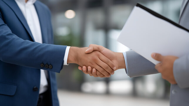 Advisor handing signed insurance folder to client with handshake, symbolizing trust, satisfaction, quality service, and completion of successful financial agreement. three-quarter wide angle,