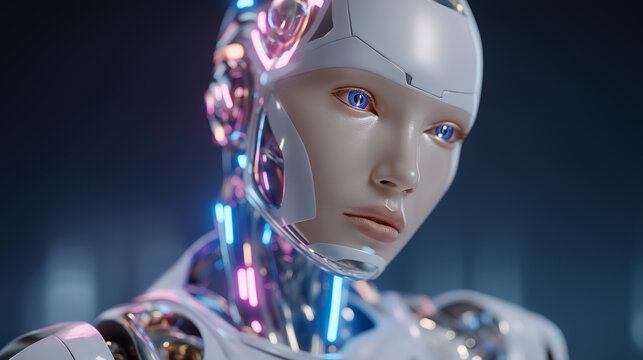 AI-generated portrait of a humanoid robot with metallic finish and highly expressive eyes reflecting neon lights, symbolizing futuristic intelligence, synthetic consciousness, and advanced robotics