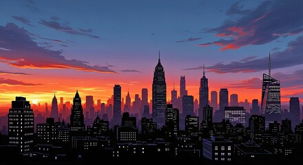 Fototapeta premium Skyline's Symphony: At twilight, a dynamic panorama of the urban skyline comes alive. The silhouette of iconic buildings against a palette of fiery orange, deep violet.