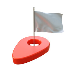 Icon red pin illustration with blank white flag mockup on a isolated background. Flag pin for map. Transport, travel, delivery, business or shopping element.