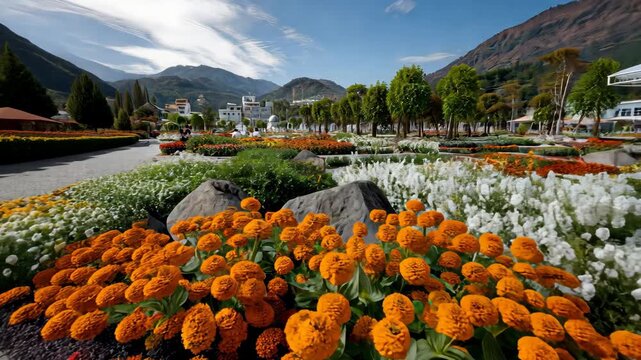 Beautiful array of flowers in multiple colors fills the garden, surrounded by stunning mountains and clear blue skies