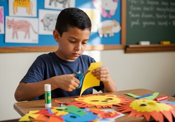 Young boy focused on an art and craft project in the classroom. Student cutting paper with scissors to make a lion mask for a school activity