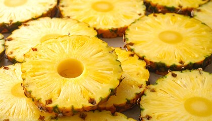 Close-up of many sliced pineapple rounds