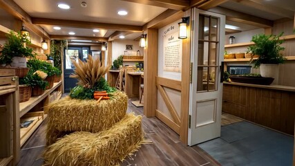 A charming market displays various fresh fruits and vegetables, emphasizing a cozy and organic setup with natural materials