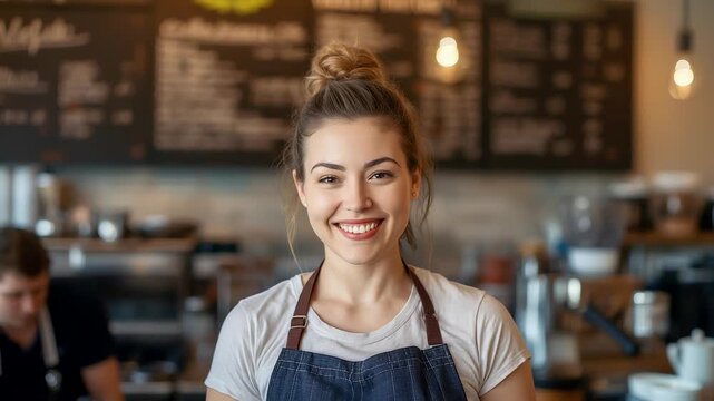 Smiling young female barista wearing apron standing in cozy modern coffee shop with warm lighting and blurred menu background interior