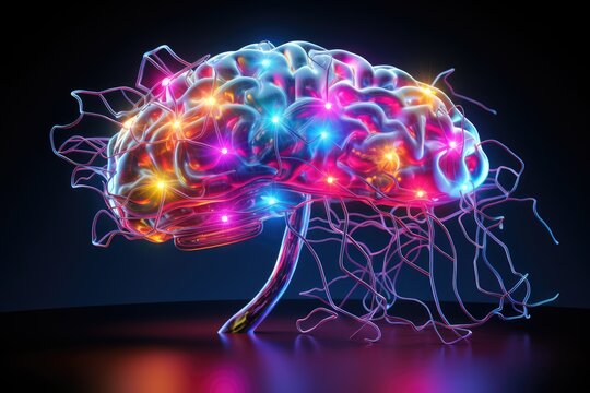 Human brain with glowing neon light on dark background. 3D rendering, holographic future's human brain connecting the works with multicolor neurolinks path way, AI Generated - Powered by Adobe