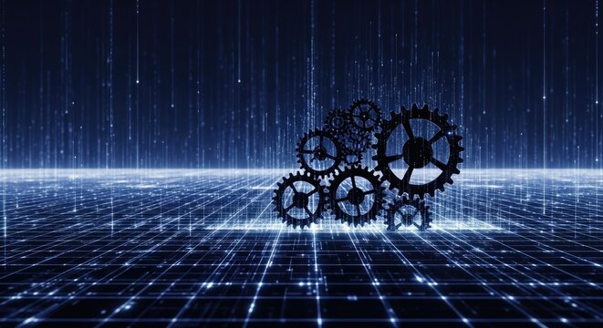Digital Gears in the Matrix: This image showcases a dynamic interplay of technology, featuring intricate gear mechanisms intertwined with a digital matrix, evoking the complex processes of innovation.