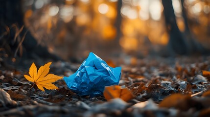 Blue trash bag and a yellow leaf on the ground in a forest during autumn.