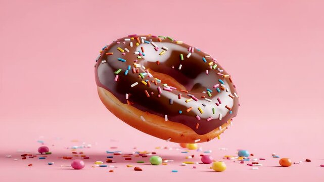 Delicious chocolate glazed donut with colorful sprinkles floating in air above pink surface surrounded by candy pieces in soft lighting