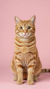 A beautiful, fluffy ginger tabby cat sits gracefully against a soft, vibrant pink studio background. The charming feline calmly looks around with bright golden eyes, then attentively turns to gaze dir