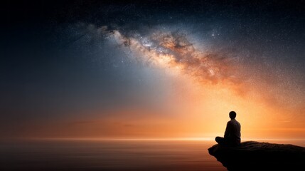 Obraz premium Contemplative person gazing at a starry sky over calm waters during sunset