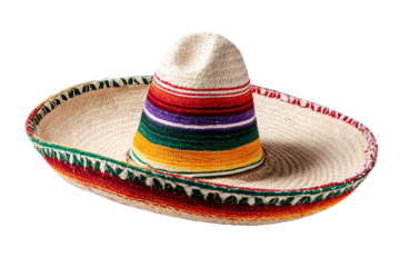 Woven straw sombrero with a colorful, striped conical crown and wide brim, set against a dark void
