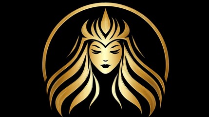 An elegant gold design depicts a serene woman inside a circle on a black background