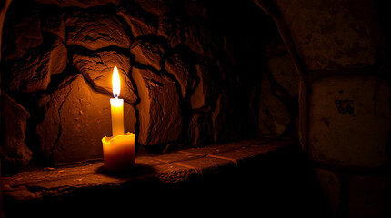 A single candle illuminates the darkness, casting a warm glow on the stone