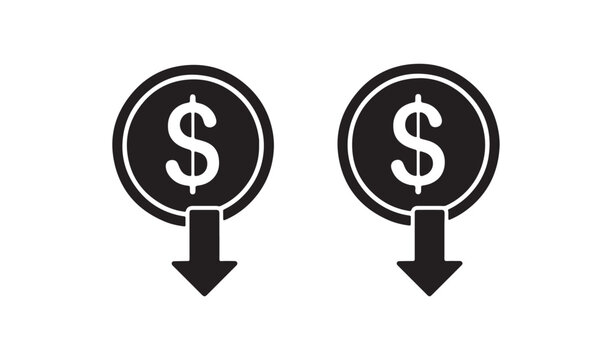 Two coins with dollar sign and arrow down isolated on white background